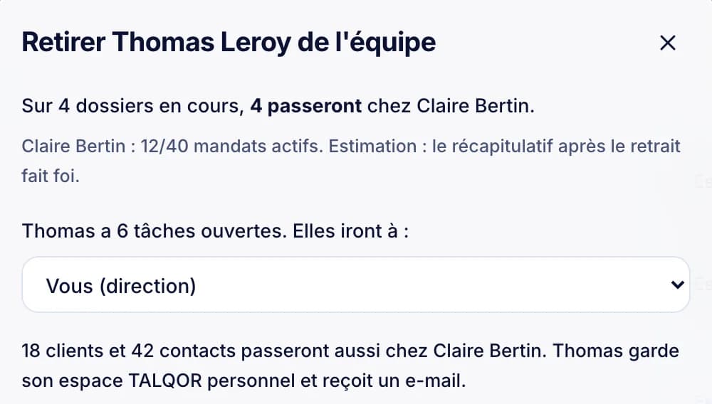 La fenêtre de départ d'un agent : sur 4 dossiers en cours, 4 passeront chez la directrice ; 18 clients et 42 contacts passeront aussi.