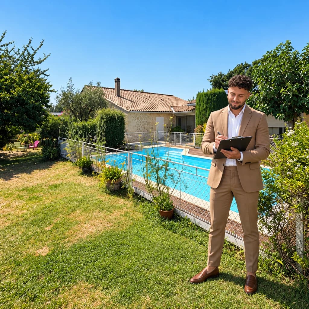 Visuel IA : agent immobilier présentant une maison avec piscine.