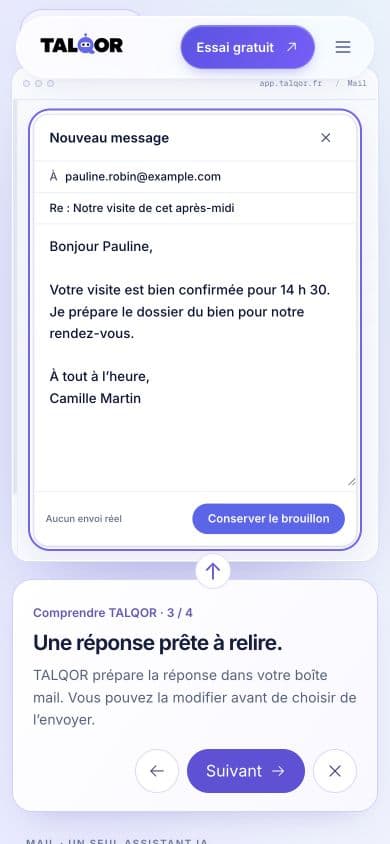 Réponse de démonstration à Pauline : visite confirmée à 14 h 30 et préparation du dossier du bien.