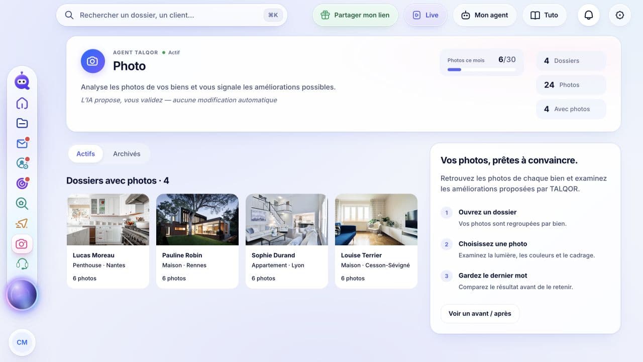 Espace Photo TALQOR : dossiers classés par bien et guide de préparation des photos.