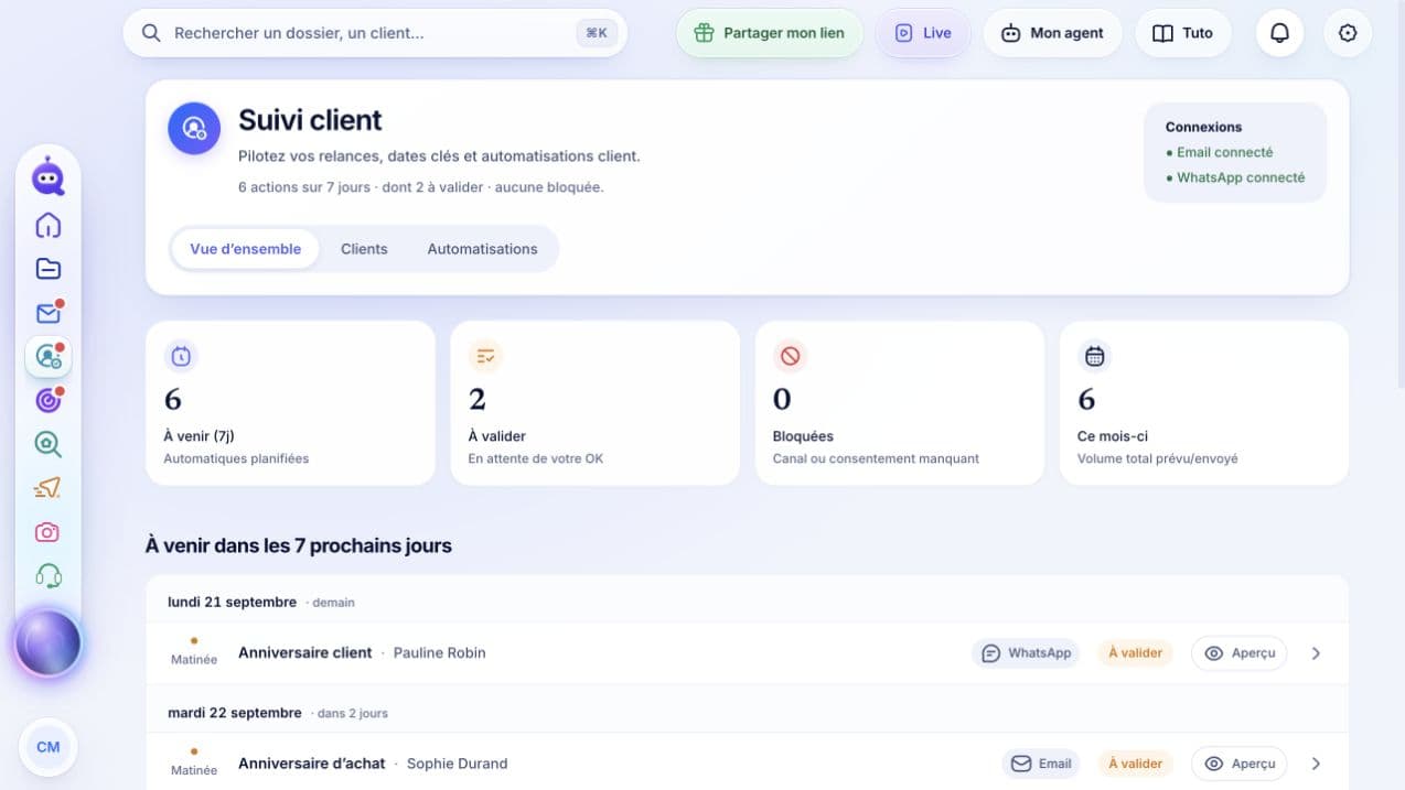 Suivi client TALQOR : indicateurs, messages à valider et calendrier des dates clés.